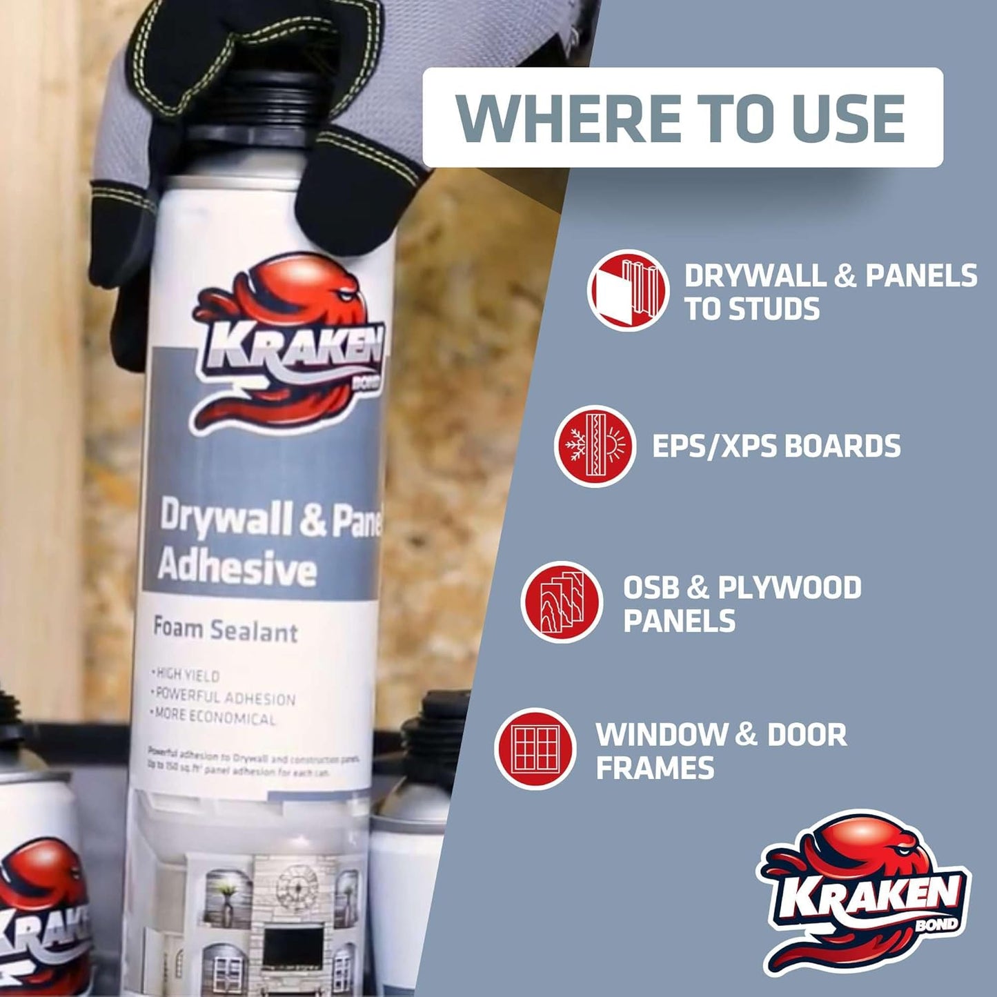 KRAKEN BOND Drywall & Panel Adhesive Foam - (12x24oz) Heavy-Duty, Fast-Curing Construction Adhesive for Concrete, Wood, and Heat Insulation Applications - 12 Pack