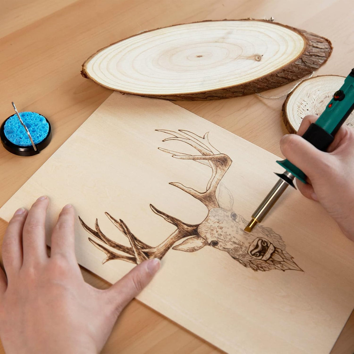 YIHUA 930-IV Pyrography Wood Burning Pen Kit Adjustable Temperature, Power Switch, Heat Deflector, Rubber Grip with 10 Pyrography Tips, 2 Wood Pieces, Flip-Up Pen Stand, for Woodburning DIY Crafts