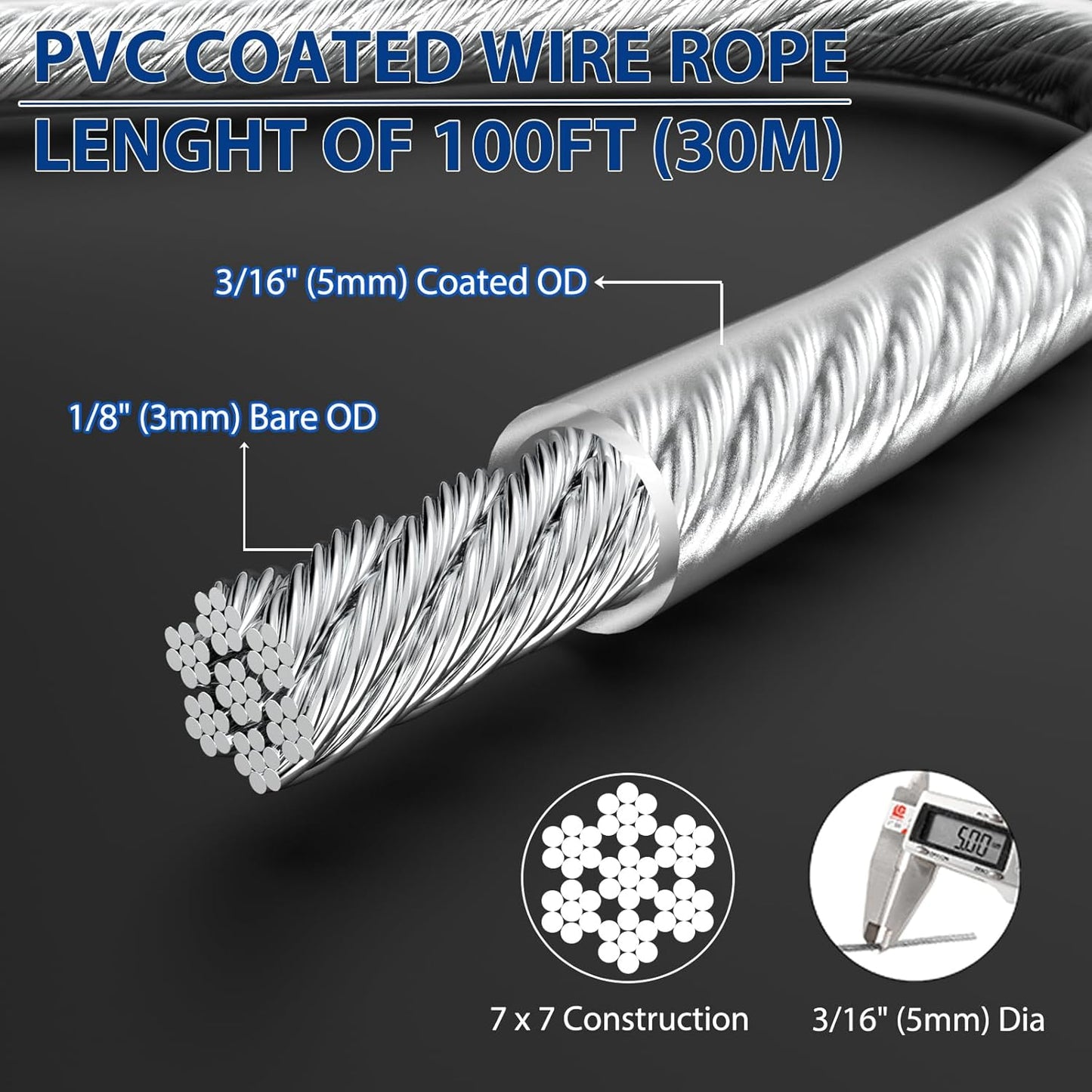 3/16" Wire Rope, 100Ft PVC Coated Steel Cable 7×7 Strand Core, Ideal Cable Railing System for Stair Handrail Balusters Porch Fence Deck, String Light Hanging, Clothesline, Curtains, Shade Sail