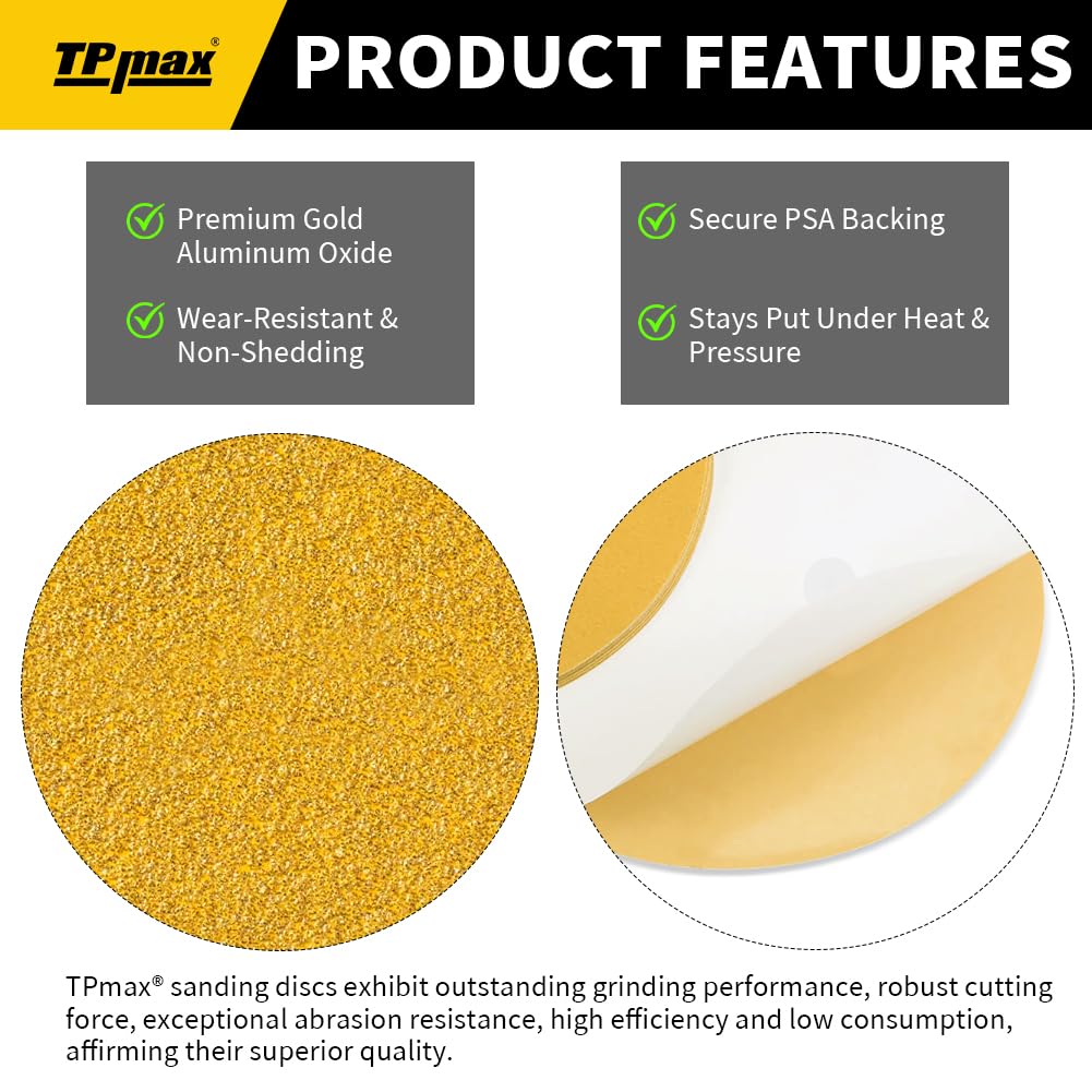 6-Inch 600-Grit Gold PSA Sanding Discs, 50 Pack – Pro-Grade Self-Adhesive Stickyback Sandpaper with Quick-Release Tabs for DA Sander, Micro-Finishing Automotive/Wood/Metal Sanding