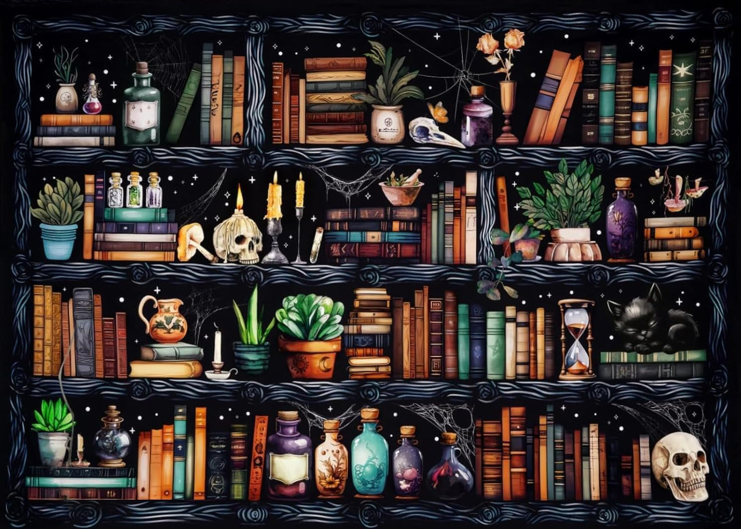 Bookshelf Stamped Cross Stitch Kits - Magical Book Counted Cross Stitch Kits for Beginners Adults Skull Needlepoint Cross-Stitch Patterns Dimensions Needlecrafts Embroidery Kits Arts and Crafts