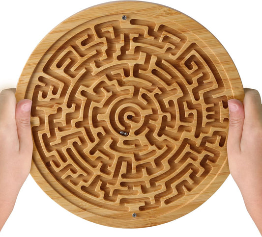 Round Wooden Labyrinth Board Game - Marble Maze for Education and Fun, Toddler Activity Board, Brain Teaser Puzzle Logic Game with Two Metal Balls for Kids, Adults, Teens, Boys, and Girls