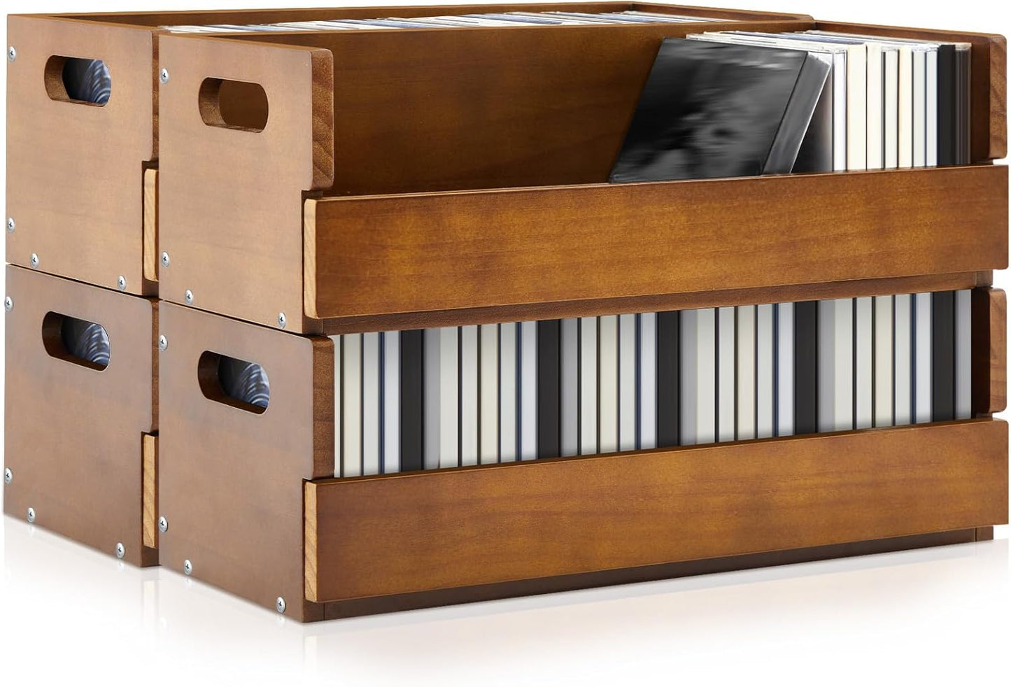 4 Set Wooden CD Storage Box Holder Shelf Cassette Tape Display Racks with Carrying Handles, Organizer Shelf for Movie Cases, DVDs, Each Set Can Store up to 36 Pcs CDs (Brown)