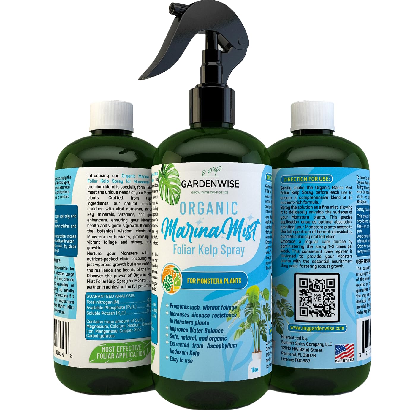 Organic Marina Mist Foliar Spray for Monstera, Philodendron, Elephant’s Ear and Other Tropical Houseplant | Liquid Fertilizer | Micro Nutrients for Vital Health | Liquid Plant Food (16 OZ)