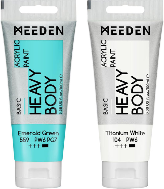 MEEDEN Acrylic Paint Emerald Green: Bundled with Titanium White Color - 100ml/3.38oz x 2 Bulk Heavy Body Acrylic Paint Tube for Art Craft Painting