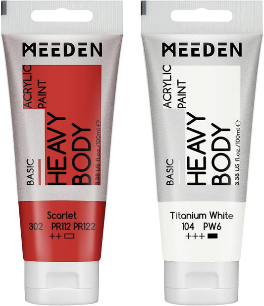 MEEDEN Acrylic Paint Scarlet Red: Bundled with Titanium White Color - 100ml/3.38oz x 2 Bulk Heavy Body Acrylic Paint Tubes for Art Craft Painting