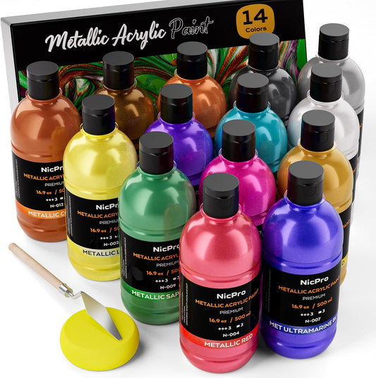Nicpro Metallic Acrylic Paint Set (16.9 oz, 500 ml), 14 Colors Large Acrylic Paint Bulk, Non Toxic Art Painting Supplies for Multi Surface Canvas Rock Wood Leather Stone Metal Craft with Color Wheel