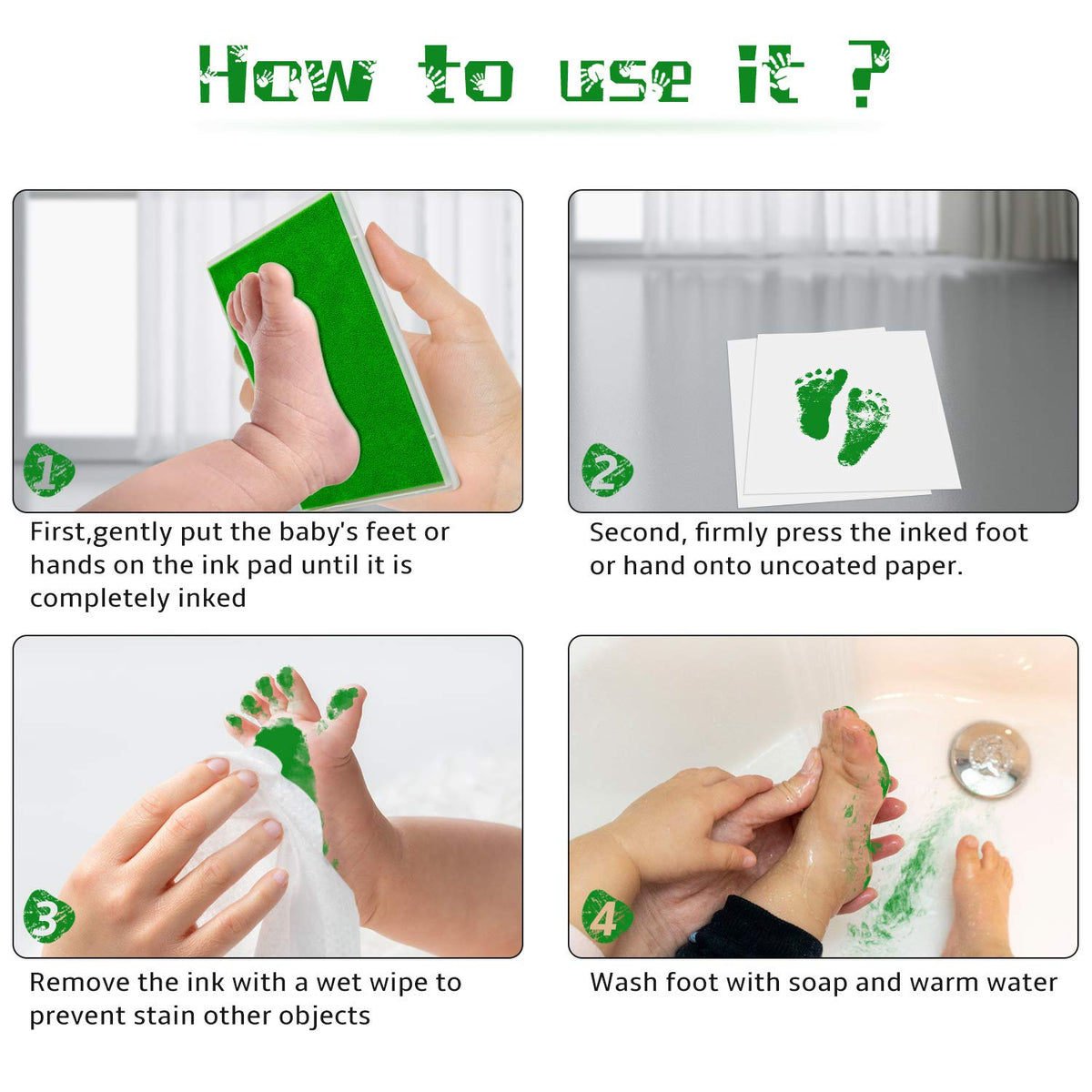 Ink Pad, 5x4'' Washable Non-Toxic Ink Stamp Pad for Baby Footprint Handprint, Green