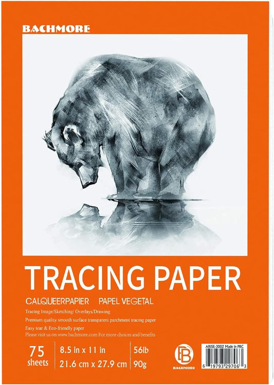 Translucent Vellum Paper, Bachmore 8.5x11 inches Tracing Pad, 75 Sheets for Pencil, Marker and Ink - Trace Images, Printable, Sketch, Preliminary Drawing, Overlays 56 LB / 90 GSM (1 Pack)