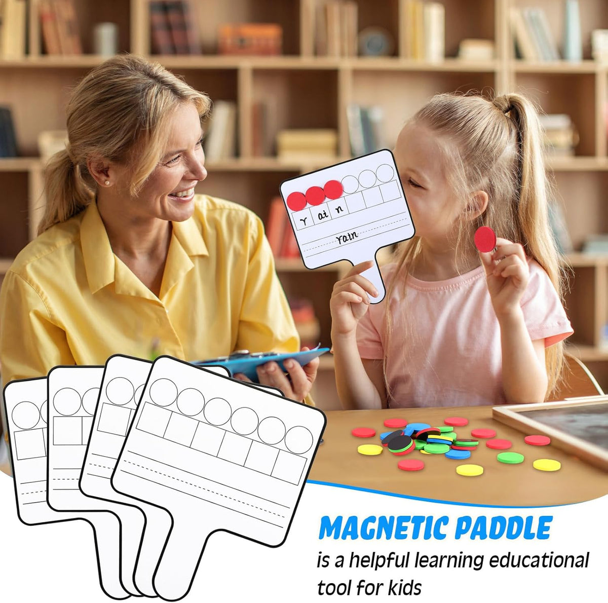 Seajan 3 Pcs Magnetic Paddle Set Education Dry Erase Double Side Handheld Answer Board with Magnetic Counters Discs Phonemic Awareness Phonics Games Toy for Students Kids Teaching Supply (Color)