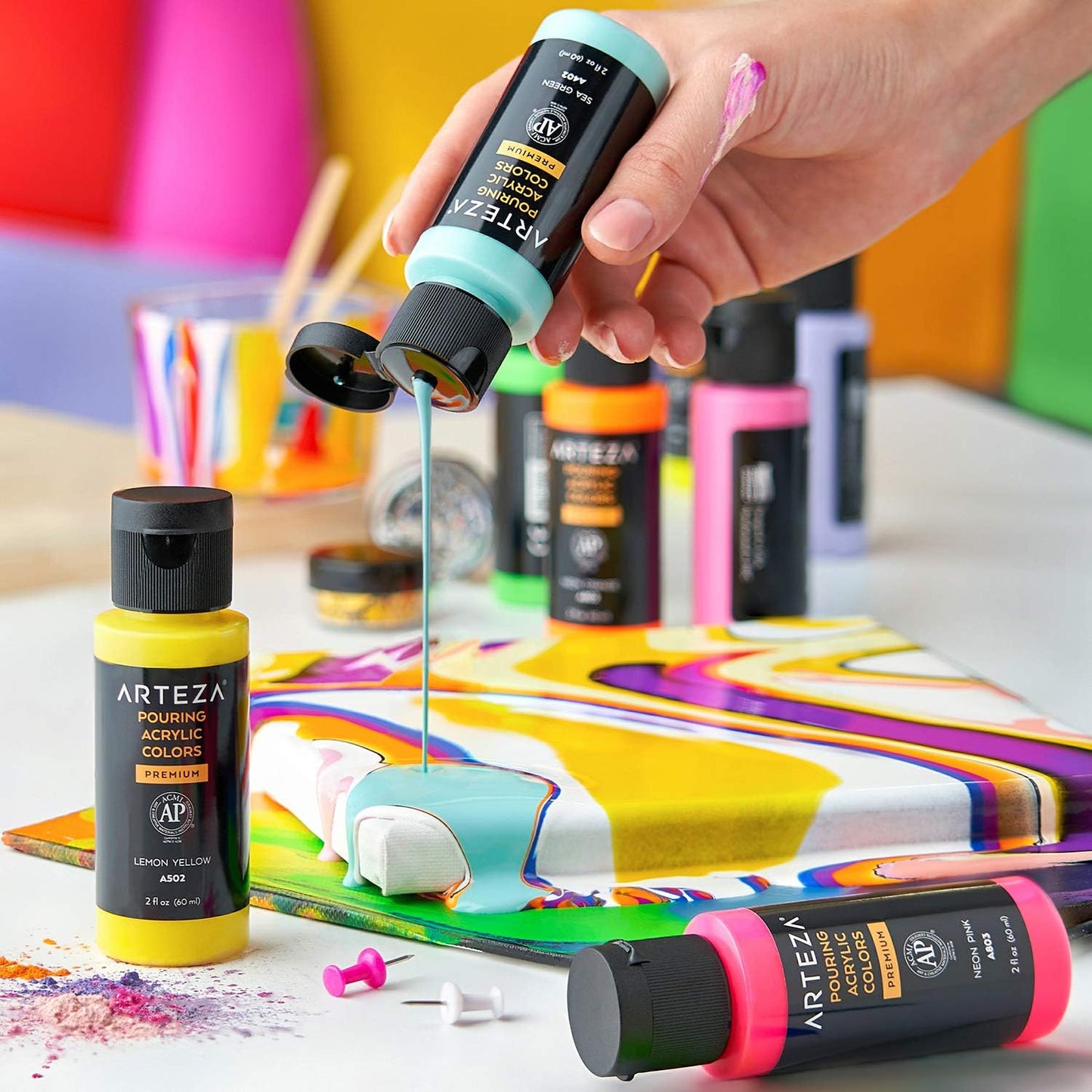ARTEZA Acrylic Pouring Paint Set of 32, 2 ounce Bottles, Assorted Colors, High Flow Paint, Art Supplies for Pouring on Canvas, Glass, Paper, Wood