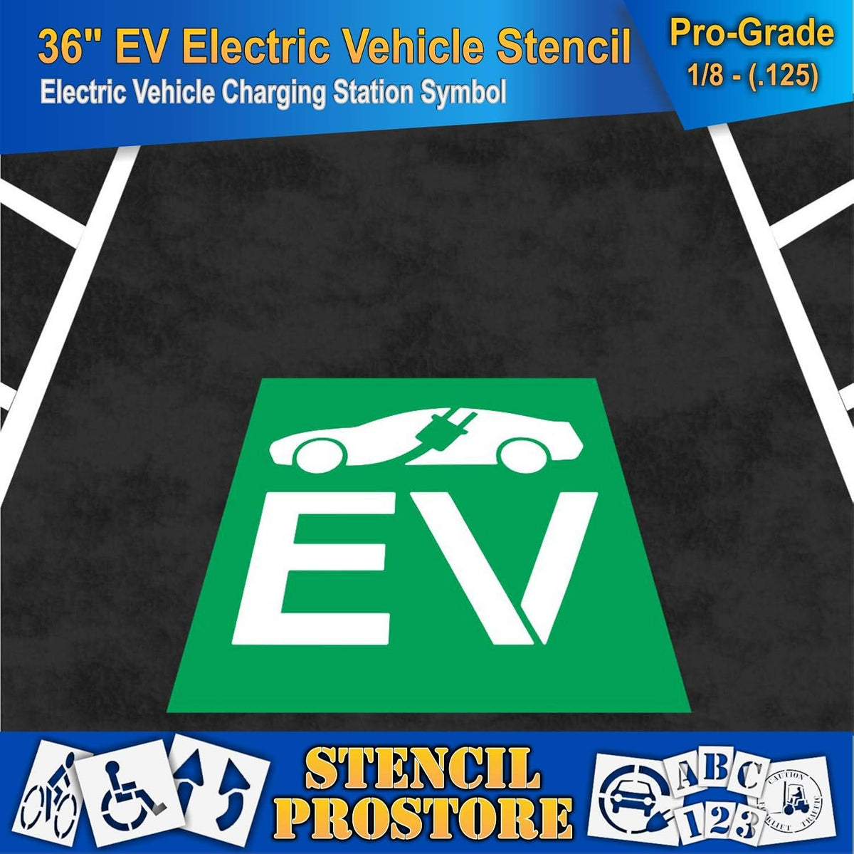 Pavement Stencils - 36 in - Electric Vehicle Silhouette with Plug and EV Letters - 35'' x 41'' x 1/8" (128 mil) - Pro-Grade