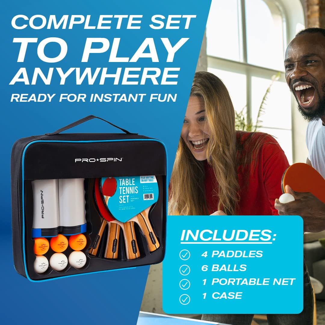 PRO SPIN All-in-One Ping Pong Set - Retractable Ping Pong Net for Any Table (72"), Ping Pong Paddles and Balls, Storage Case - Portable Table Tennis Family Games, Gifts for Boys & Girls