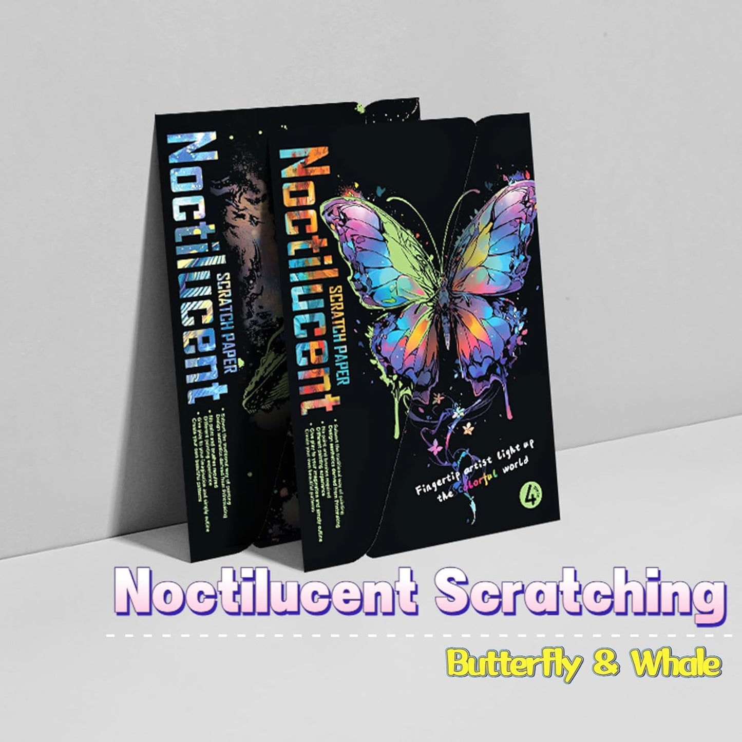 Scratch Paper Art for Adults-Glow in The Dark Scratch Painting Craft Kit (8 Sheets A4)|DIY Foil Engraving Art Set|Stress Relief Gift for Travel Lovers,Craft Lovers,Home Decors (Butterfly & Whale)