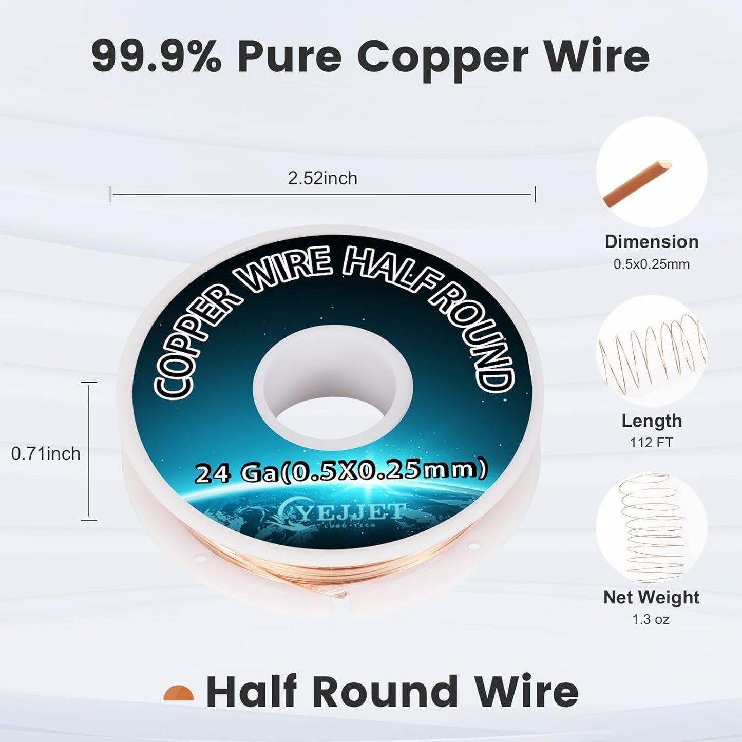 Ultra-Fine 24 Gauge Copper Wire Half Round 0.5x0.25mm - 1.3 oz (112 Feet) Precision Wire for Clockmaking & Electronics