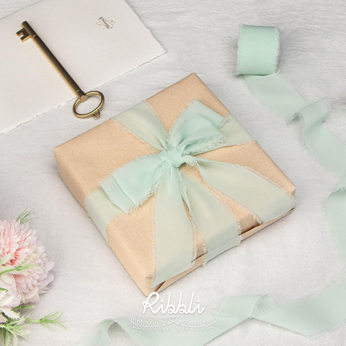 Ribbli Mint Green Chiffon Ribbon 1-1/2 inch x 20 Yard Handmade Fringe Chiffon Silk Ribbon, Mint for Wedding Invitations, Bridal Bouquets Wrapping, Flower Arrangement Decoration