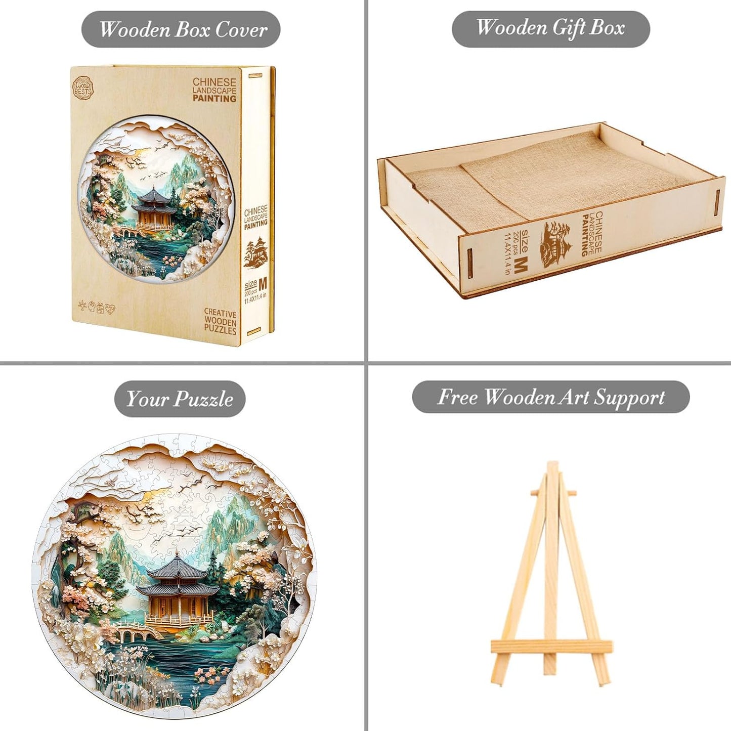KAAYEE Wooden Puzzles for Adults, 3D Visual Effect Chinese Landscape Painting Wooden Jigsaw Puzzle Unique Shape Wood Puzzle Adult, 3D Effect Flat Puzzle Birthday Family Games (M-11.4*11.4 in-200pcs)
