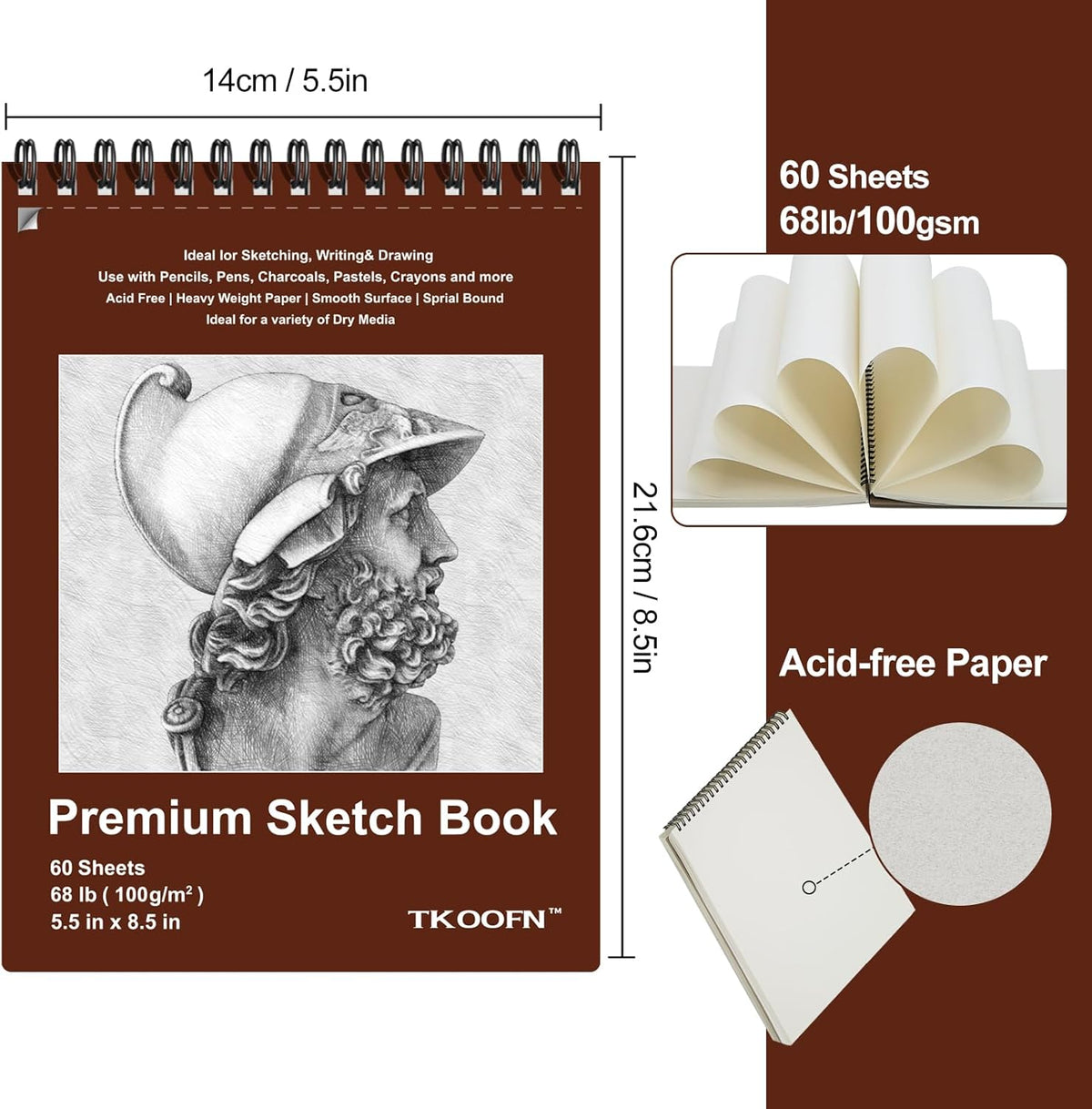 TKOOFN 5.5" x 8.5" Sketch Book, Pack of 10, 600 Sheet Top Spiral Bound Premium Sketchbook Drawing Pads(68lb/100gsm), Acid-Free Painting Paper for Adults Kids Artists Beginners