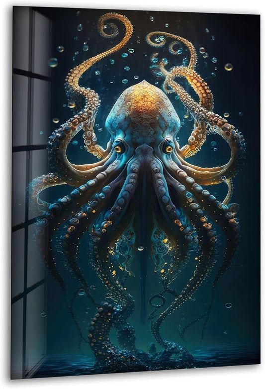 My Photostation.com 32Wx48H'' Underwater Blue Octopus Glass Wall Art Tempered Glass Printing Wall Decor Large Wall Art Wall Hangings
