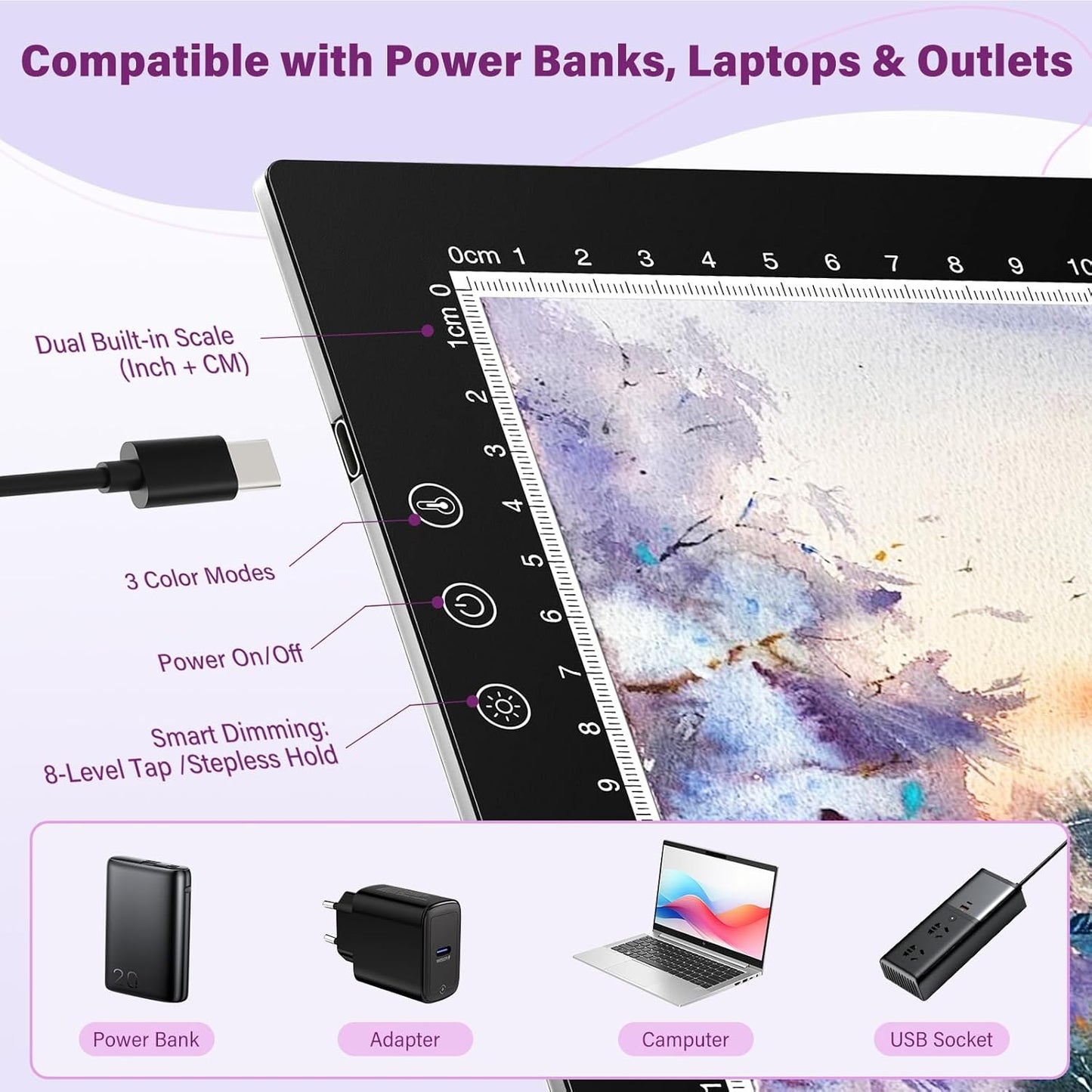 ZEXALIGHT A2 Light Box for Tracing, Light Pad for Diamond Painting with 8 Levels/Stepless Dimming Brightness and 3 Color Modes, Ultra-Thin Copy Board Light Table for Artists Tracing Drawing (Black)