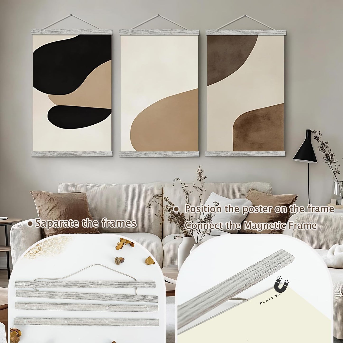 Artmag Magnetic Poster Hanger Frame, Light Wood Wooden Magnet Canvas Artwork Print Poster Hangers for 10x14 10x16 10x20 Frames Hanging Kit (Grey, 10")