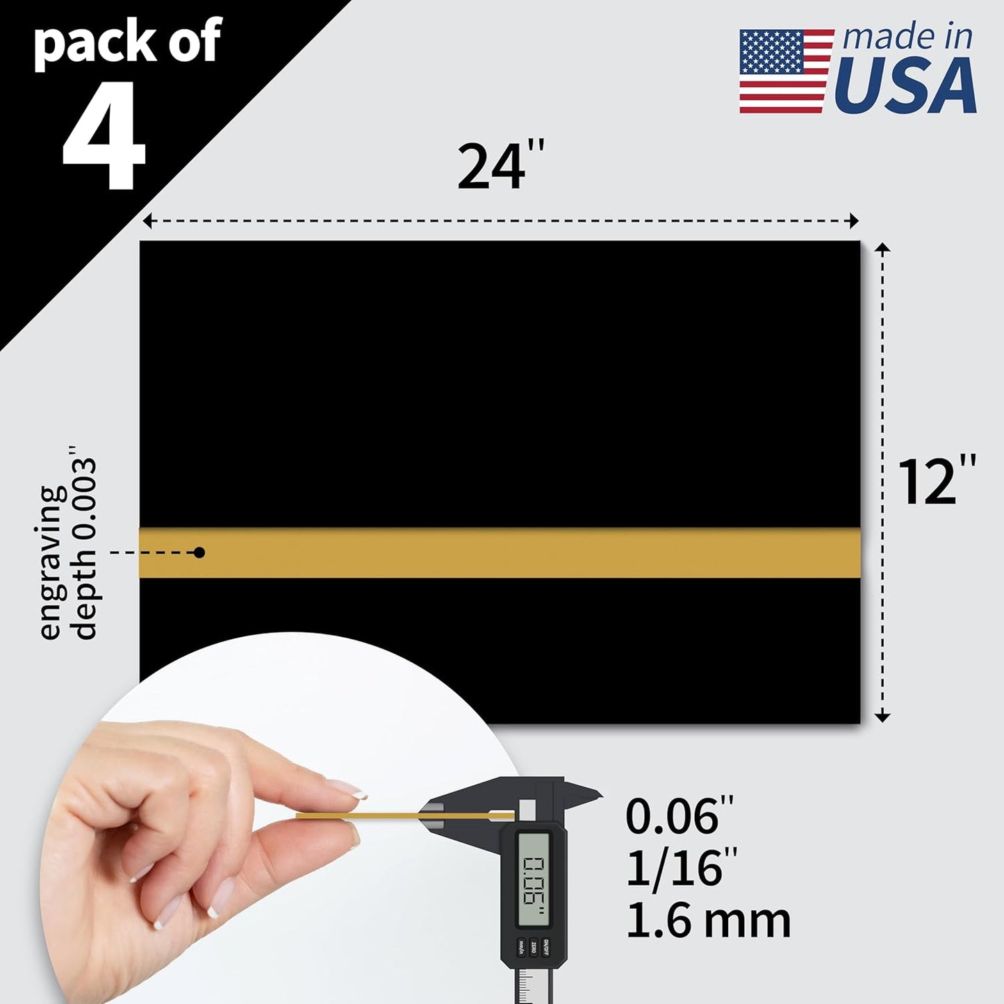 Trotec TroLase | 12"x24"x1/16", 4 Pcs | Black/Gold | 2 Ply | Modified Acrylic | Laser Engraving Double Color Plastic Sheet | Engraving Blanks for Laser, Saw, Guillotine | Made in USA