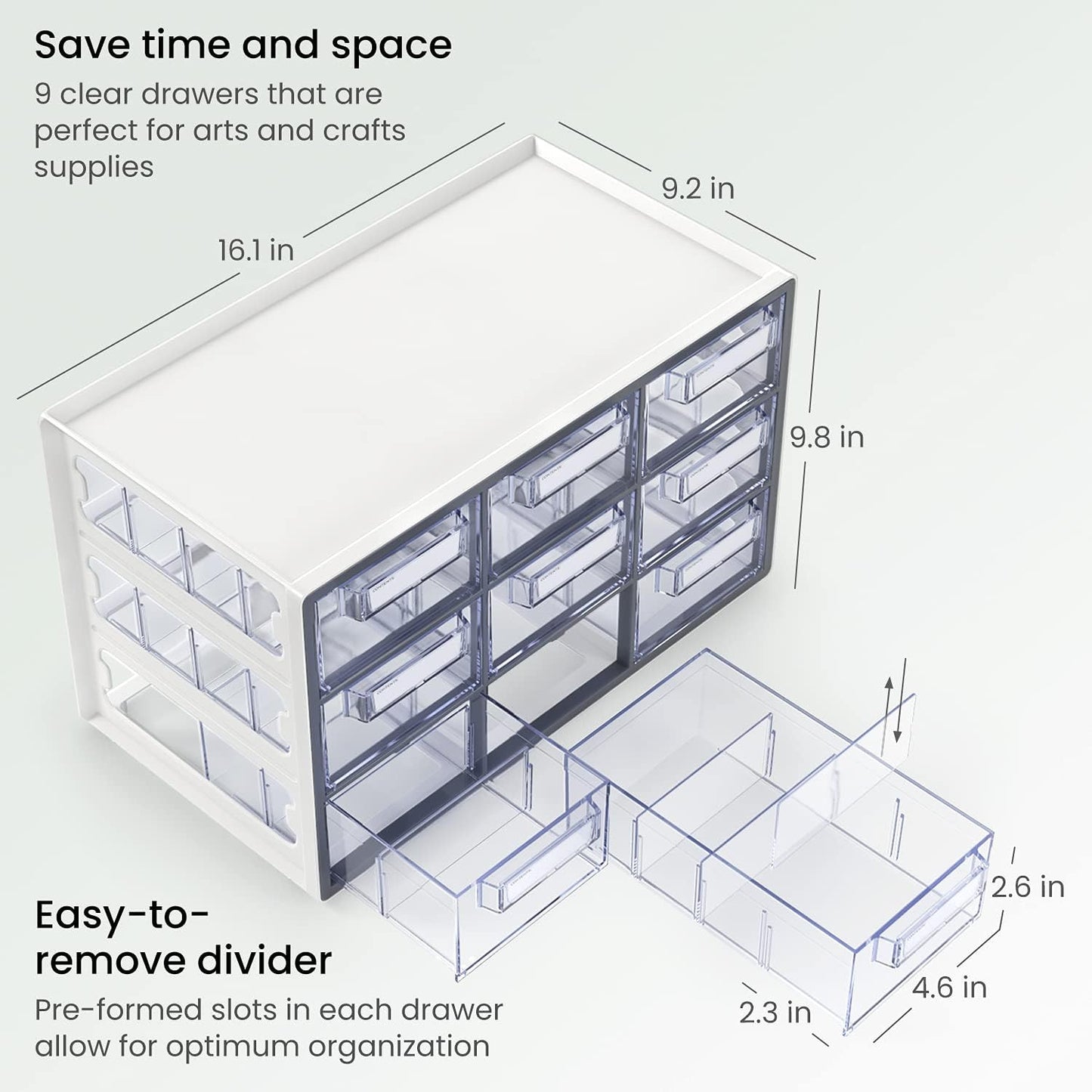 Arteza 9 Drawer Storage Cabinet, 16.1 x 9.3 x 9.8 inches, White, Plastic Drawers with Stoppers, Multi Compartment Organizer for Makeup and Art Supplies