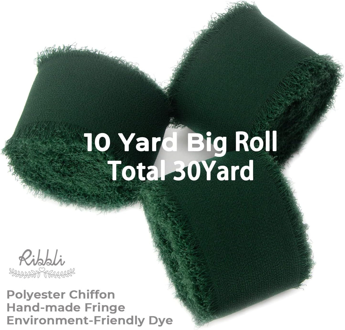 Ribbli Forest Green Chiffon Silk Ribbon, 1.5 Inch x 30 Yard - Handmade, Fringe, Wedding Invitations, Gift Wrapping, Bridal Bouquets, Flower Arrangement