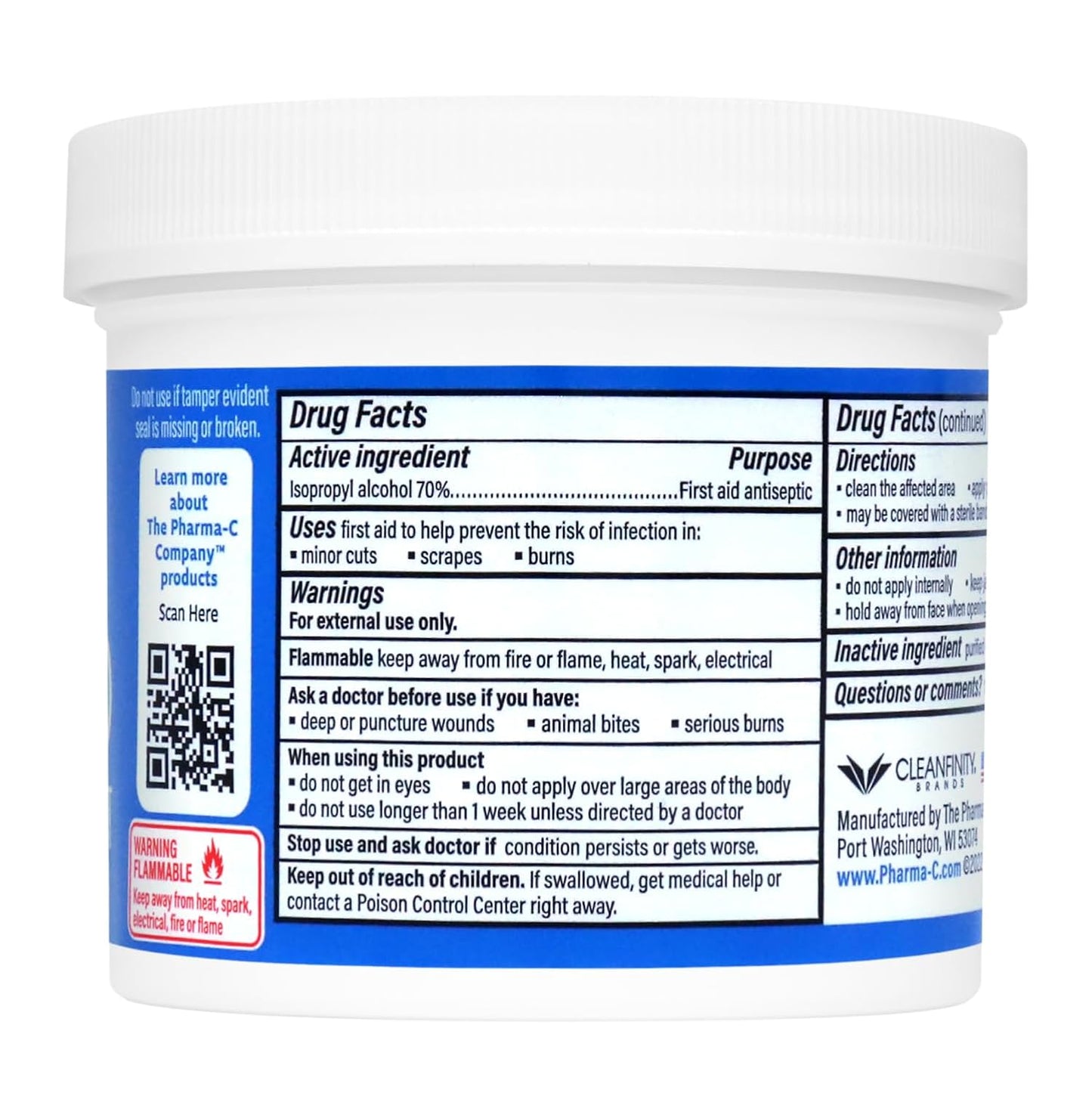 The Pharma-C Company 70% Isopropyl Alcohol Pads [100 count]. First Aid - Antiseptic Wipes - Extra Large - Alcohol for minor cuts, scrapes and burns.