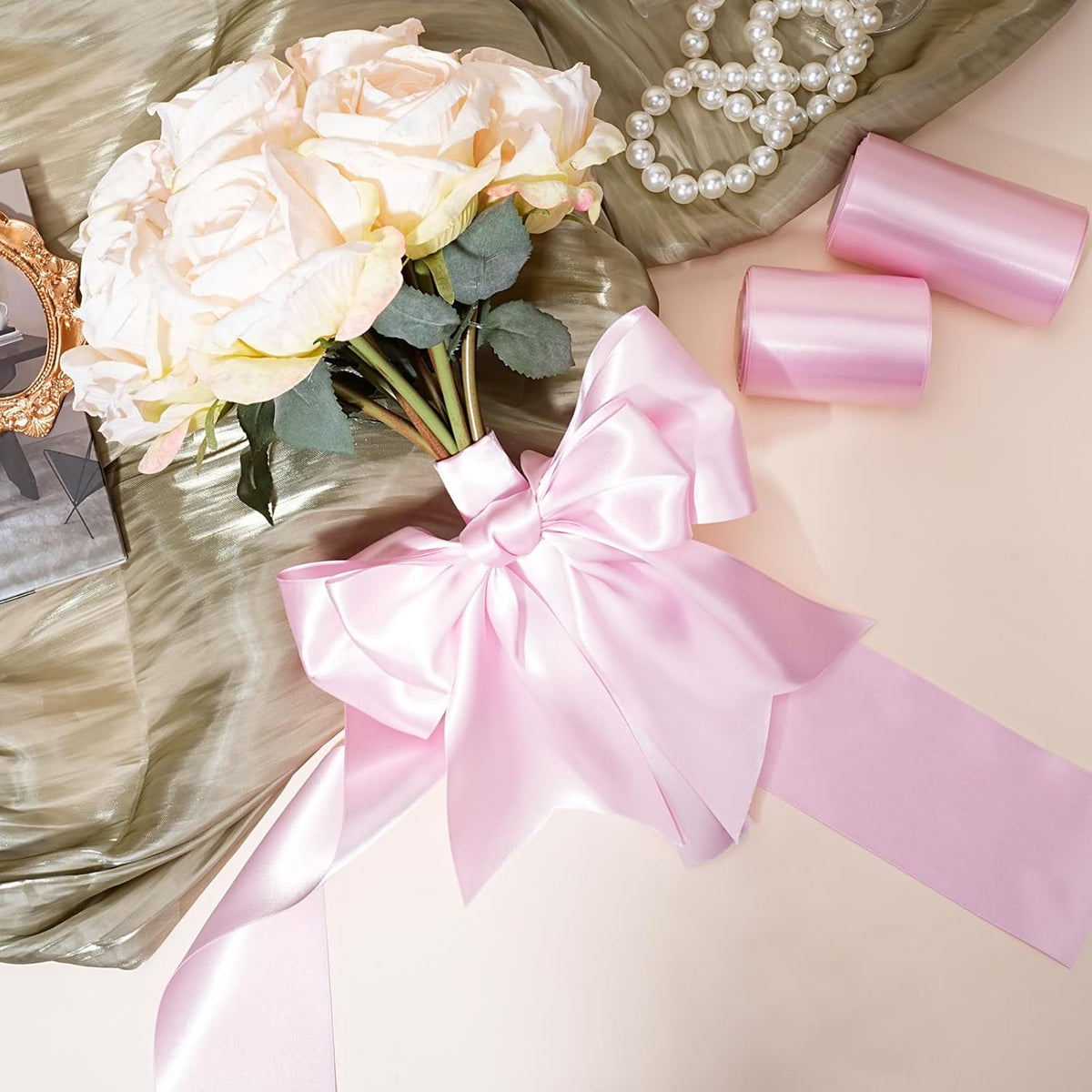 LaRibbons Light Pink Satin Ribbon 4 Inch 10 Yards Double Faced Luxury Light Pink Silk Ribbon for Gift Wrapping Flower Bouquets Bow Christmas Wedding Party Decoration