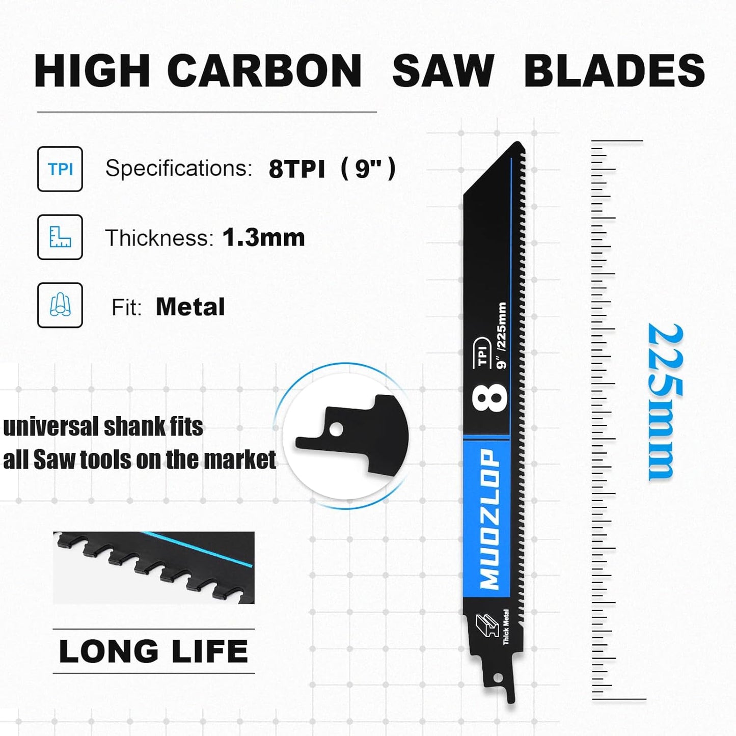 3 Pack 9 inch Reciprocating Saw Blades Set，8 TPI High Carbon Saw Blades for Metal ，Saw Blades with Organizer Case (3, 8T/9inch)