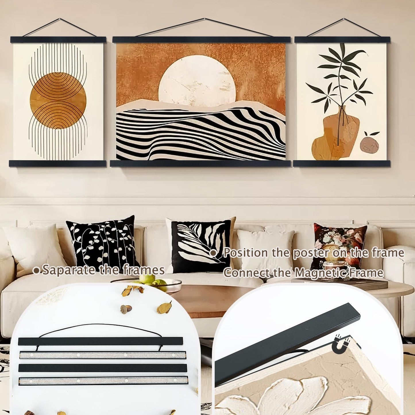 Artmag Magnetic Poster Hanger Frame, 38x26 38x23 38x24 Light Wood Wooden Magnet Canvas Artwork Print Poster Hangers Frames Hanging Kit (Black, 38")