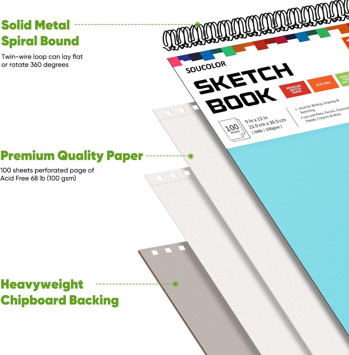 Soucolor 9" x 12" Spiral Bound Blank Sketch Notebook Journal Book- 1-Pack 100 Sheets Acid-Free 68lb/100gsm Paper, Art Sketchbook for Painting, Doodling, Journaling, Kids, Students, Adults, Beginners