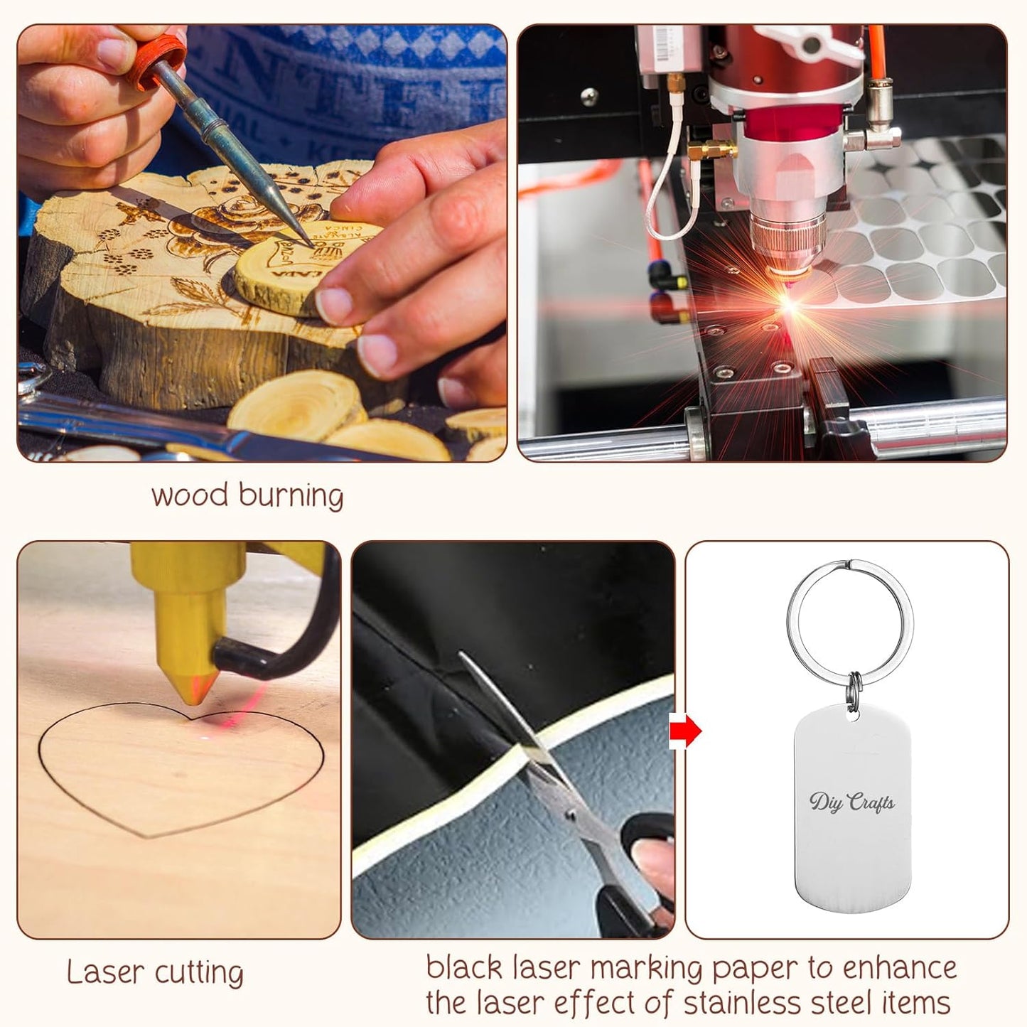 Tondiamo 122 Pcs Laser Engraving Blanks Keychains Bulk Laser Cutting Engraving Materials Accessories Including Wood, Stainless Steel, Acrylic, PU Leather, Silicone and Marking Paper Tape for Laser