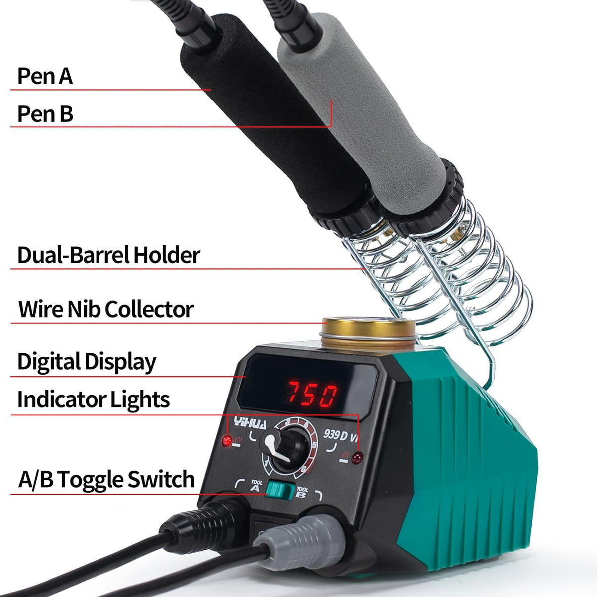 YIHUA 939D-VI Dual Pen Wood Burning Kit with Digital Display with 20 Wire Nibs, Detachable Wood Burning Pen, 2 Wood Pieces, Tweezers Used as Wood Burning Tool