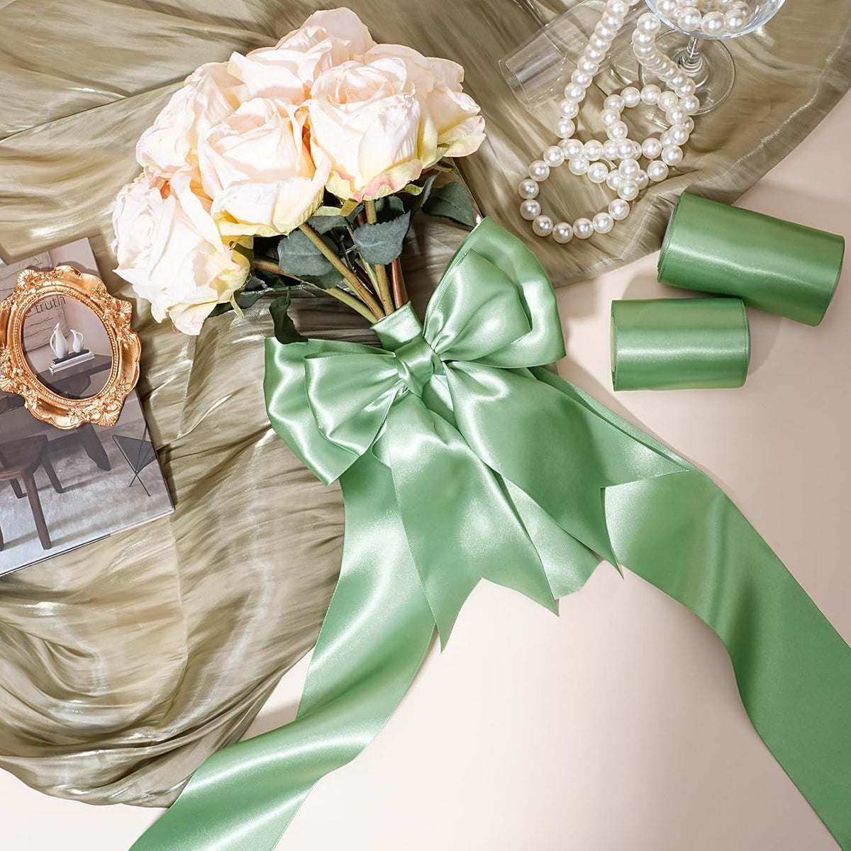 LaRibbons Sage Green Satin Ribbon 4 Inch 10 Yards Double Faced Luxury Light Green Silk Ribbon for Gift Wrapping Flower Bouquets Bow Christmas Wedding Party Decoration