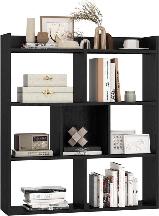 Giantex 7 Cubes Bookshelf, Free-Standing Wooden Bookcase, 4 Tier Home Display Shelf, Horizontal Storage Unit w/Anti-Toppling Devices, Open-Back Display Rack for Study, Living Room (1, Black)