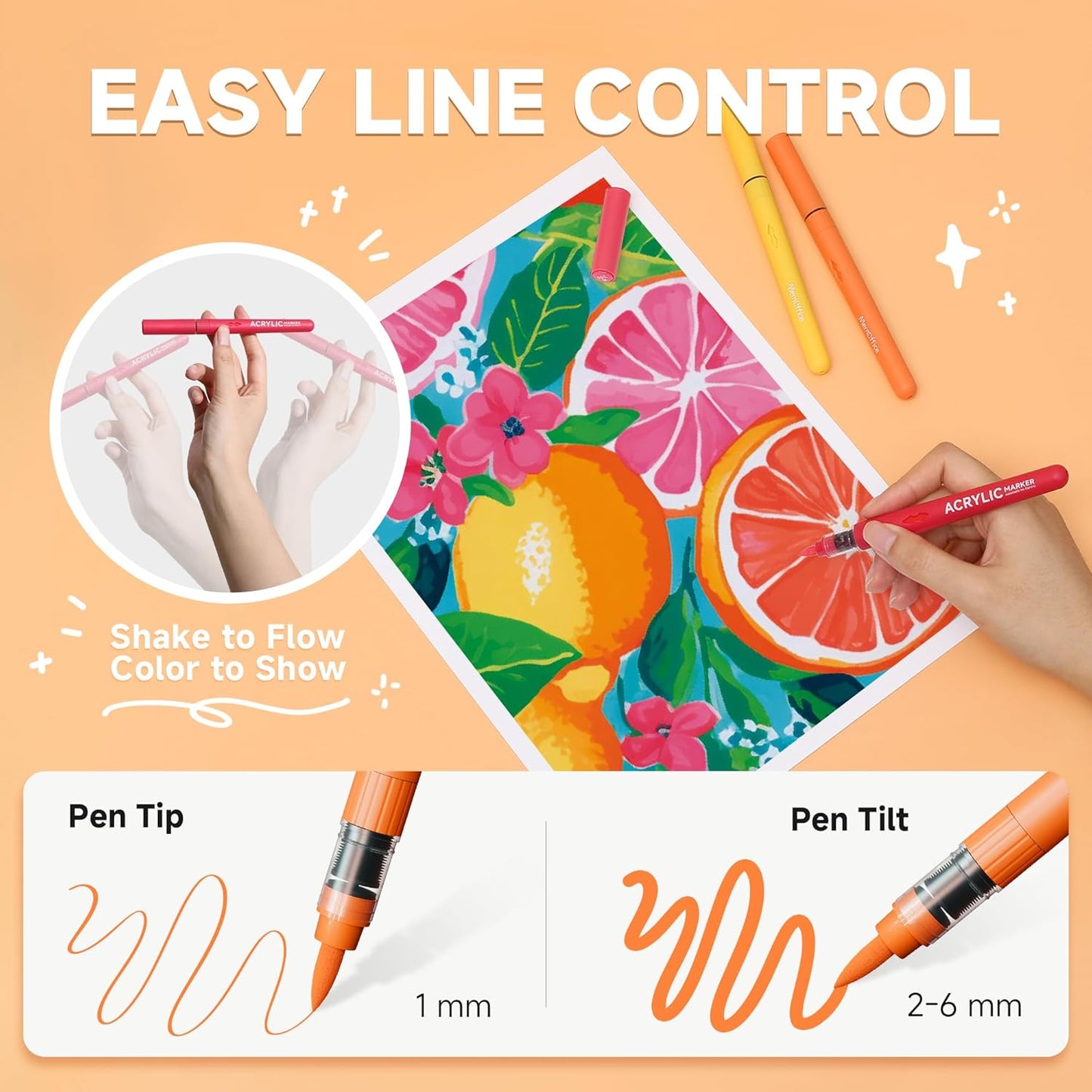 MemOffice Direct Liquid Acrylic Paint Markers, 12 Colors Brush Tip Pens with Carrying Case, No Bleed, Waterproof, for Rock, Wood, Canvas, Glass, Fabric, DIY Crafts for Adults & Kids