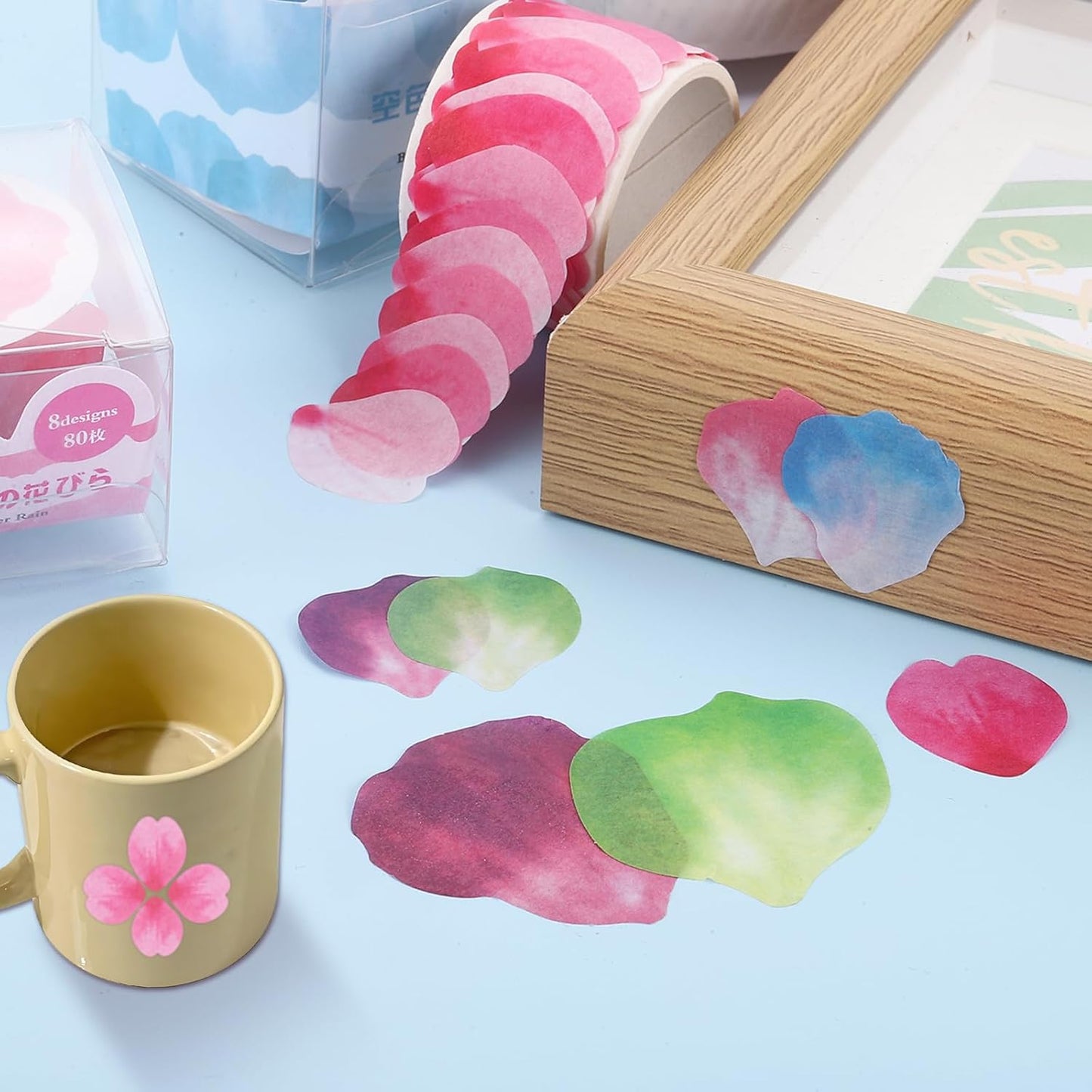 uxcell 2 Rolls Petal Washi Tape, 80 Pieces Floral Decorative Tape Colored Masking Tapes Crafting Supplies for DIY Crafts, Gift Wrapping, Scrapbook, Party Decorations, Large Light Green