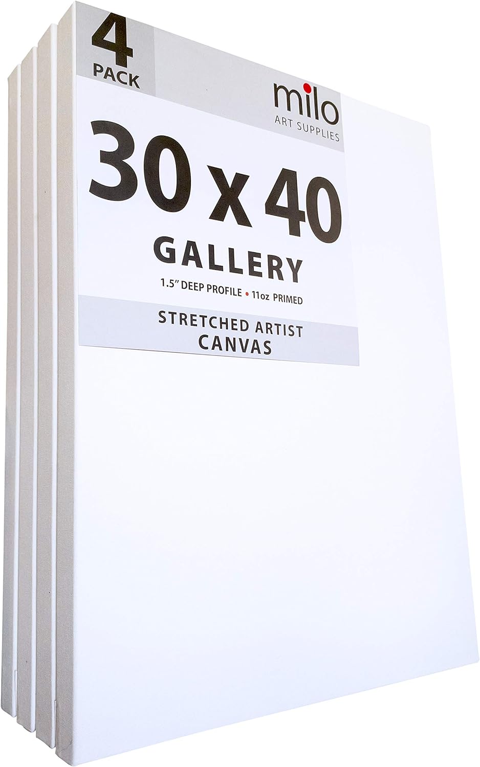milo Stretched Artist Canvas | 30x40 inches | 4 Pack | 1.5” inch Thick Gallery Profile | 11 oz Primed Large Canvases for Painting, Ready to Paint Art Supplies for Acrylic, Oil