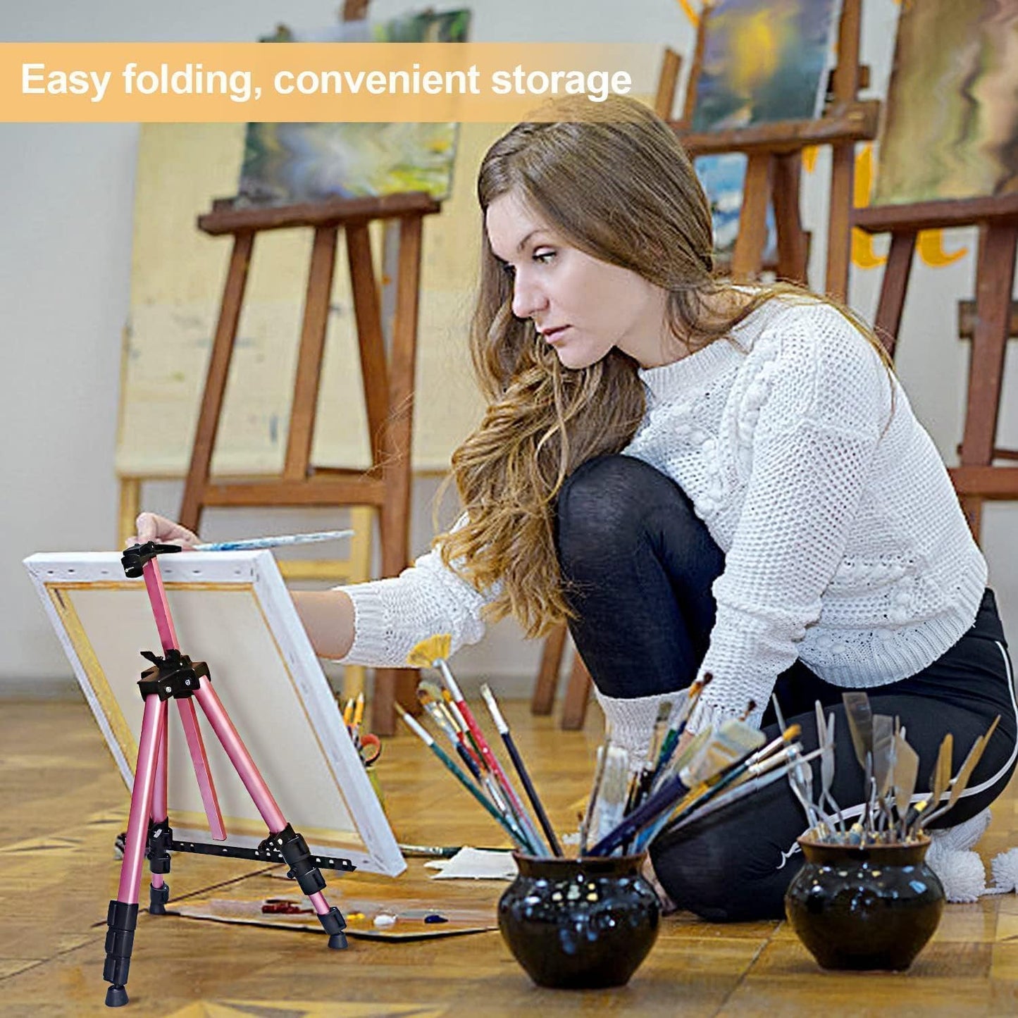 RRFTOK Artist Art Painting Easel Stand, Aluminum Metal Adjustable Easel for Painting Canvases Height from 17 to 66 Inch,Carry Bag for Table-Top/Floor Drawing,Painting and Displaying(2pack,Pink)