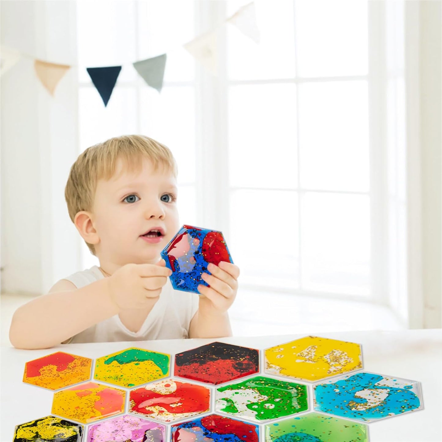 Art3d Hexagon Sensory Fidget Liquid Motion Tiles for Kids, Toddler, Teens - Interactive Soft Gel Liquid Play Mats for Home, Schools, Playrooms, Multi-Pack of 12 Tiles