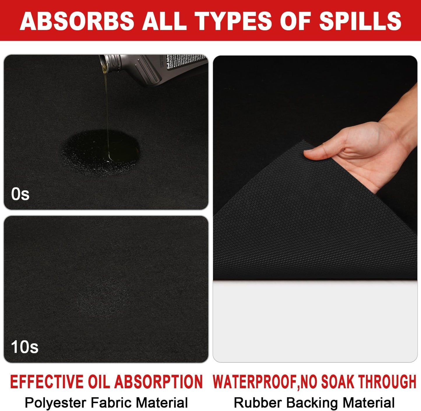 Golener Oil Spill Mat - Garage Floor Mat, Absorbent Oil Pad, Premium Rubber Mat, Waterproof, Contain Liquid, Protect Garage Surface from Spill & Stain, Reusable, Washable, Durable, Black, 72” x 96”