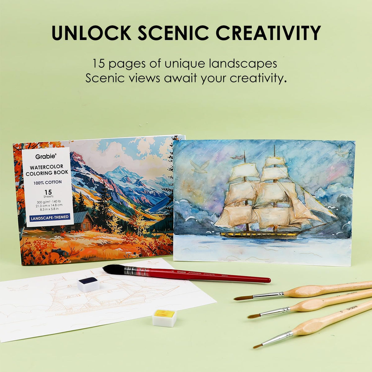 Grabie Watercolor Coloring Book, 15 Sheets A5 (8.3 x 5.8),Watercolor Book for Adults: Ignite Your Artistic Expression on 100% Cotton Paper (Land-Scape)