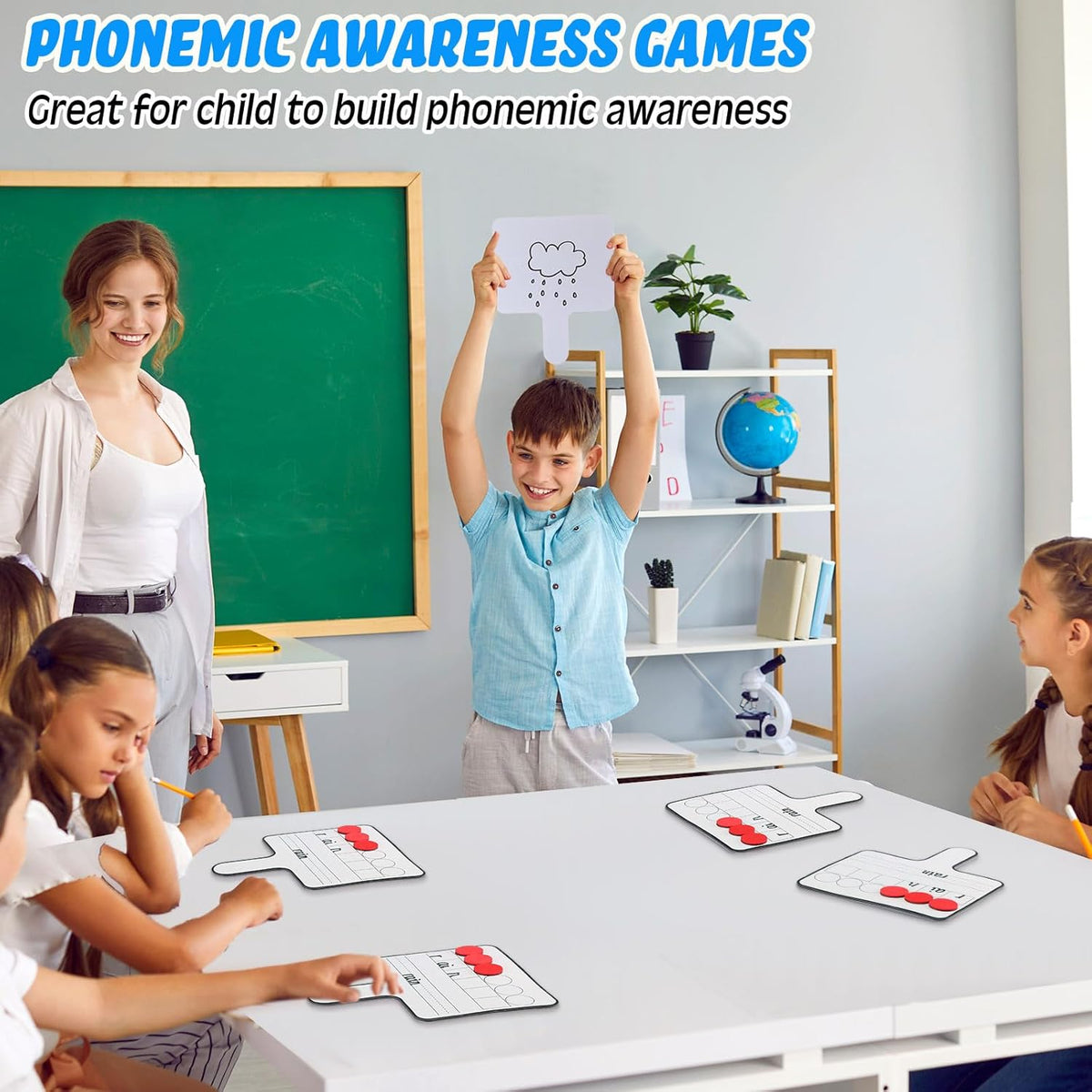 Seajan 3 Pcs Magnetic Paddle Set Education Dry Erase Double Side Handheld Answer Board with Magnetic Counters Discs Phonemic Awareness Phonics Games Toy for Students Kids Teaching Supply (Color)