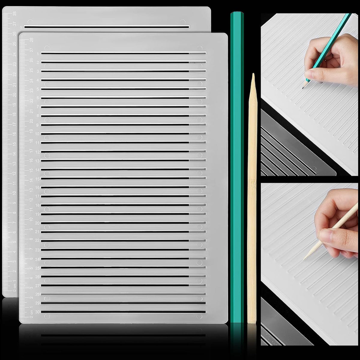 2 Packs Plastic Straight Line Stencil Template for Journaling Spacing Line Lettering Guide 11 Inch Scale Writing Ruler Envelope Addressing Template with Bamboo Stick and 2B Pencil for Paper Card Aids