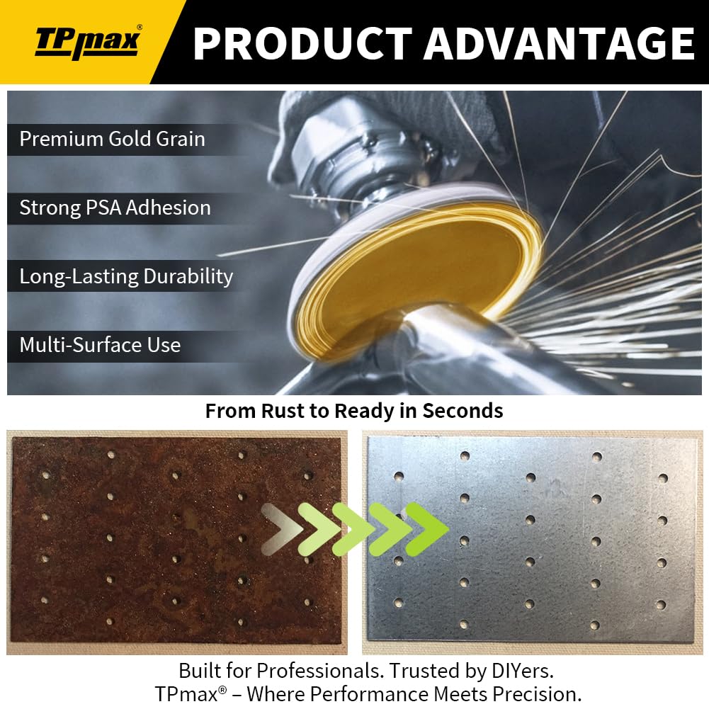 6-Inch 180-Grit Gold PSA Sanding Discs, 50 Pack – Pro-Grade Self-Adhesive Stickyback Sandpaper with Quick-Release Tabs for DA Sander, Fine Automotive/Wood/Metal Sanding