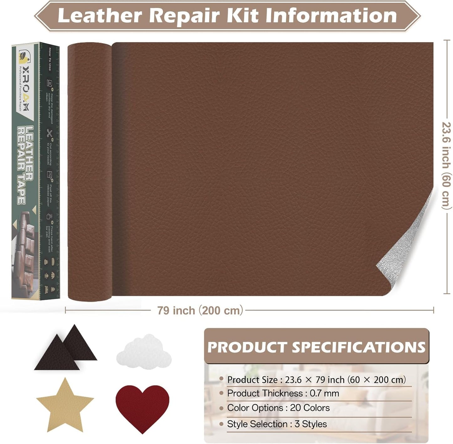 Leather Repair Tape, 23.6x79 inch Leather Patches for Furniture, Self Adhesive Leather Repair Patch for Sofas, Couches, Leather Covers, Seats, Chairs, Vinyl Repair Tape Retro Dark Brown