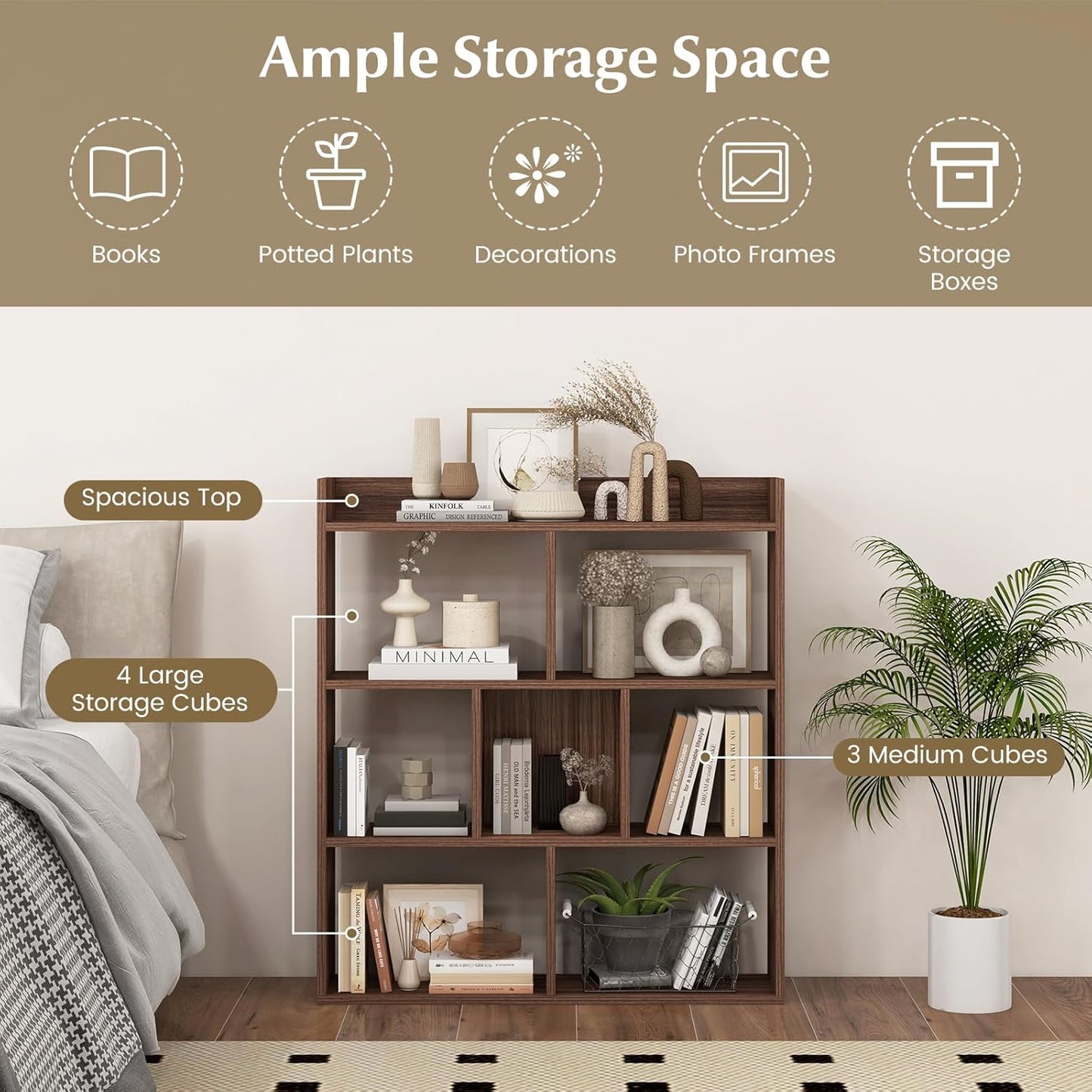 Giantex 7 Cube Bookshelf of 2, Free-Standing Wooden Bookcase, 4 Tier Home Display Shelf, Horizontal Storage Unit w/Anti-Toppling Devices, Open-Back Display Rack for Study, Living Room, Walnut