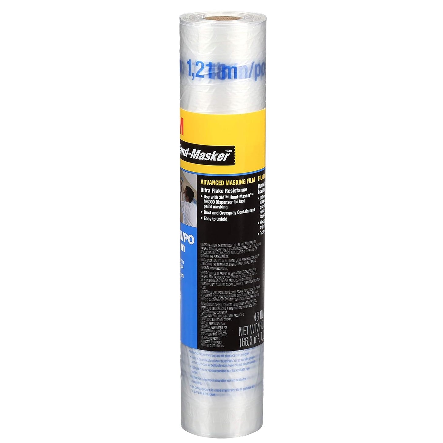 3M Hand Masker Advanced Masking Film, 48 in x 180 ft, Static Cling Keeps Film in Place, Prevents Liquids From Bleeding Through, Flake Resistant, For Indoors & Outdoors Use, 1 Roll (AMF48)